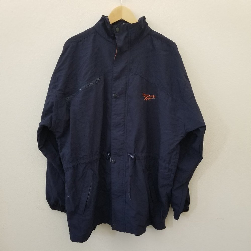 Vintage REEBOK Navy Nylon Jacket Windbreaker Tuck away Hoodie Medium - Picture 2 of 10